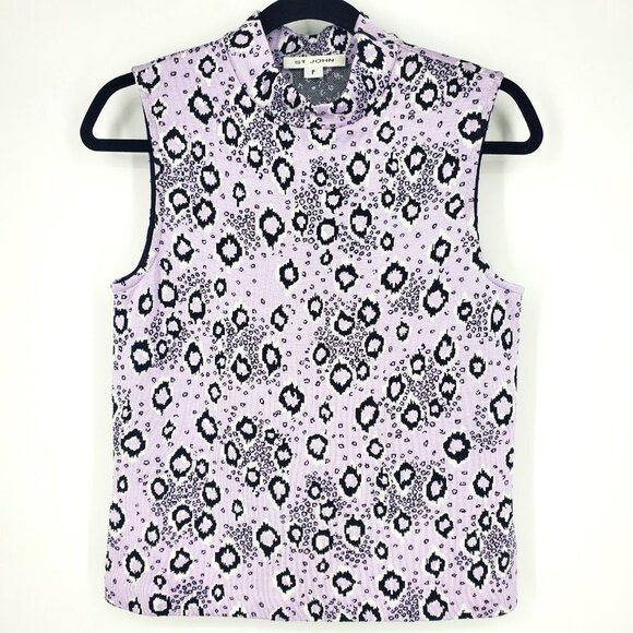 St. John Sleeveless Mock Neck Leopard Print Knit Top Lilac/Black P/XS - Picture 7 of 7